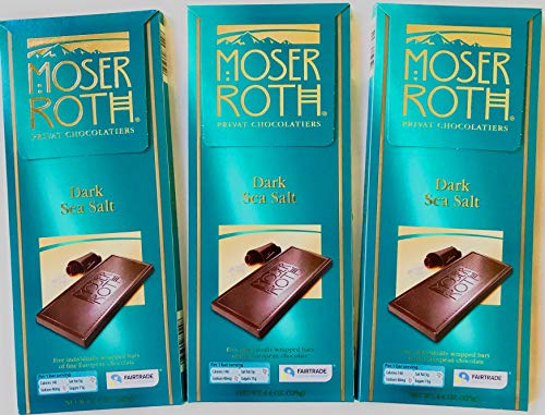 Moser Roth Dark Sea Salt Chocolate Bars, 85% Cocoa, Made in Germany, Fairtrade, Individually Wrapped, 3 Count, 4.4 Oz Each